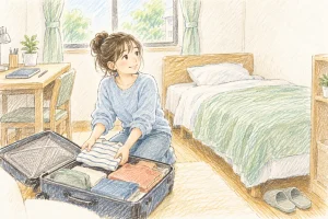 宿泊先:合宿免許の宿泊生活をイメージした、部屋で荷ほどきする女性のイラスト