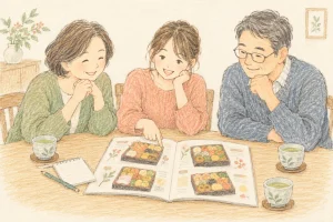 家族でおせちのカタログを見ながら、料理の好みや人数を相談するイラスト