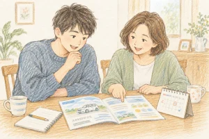 親子の相談:合宿免許のパンフレットを見ながら日程と予算を相談する親子